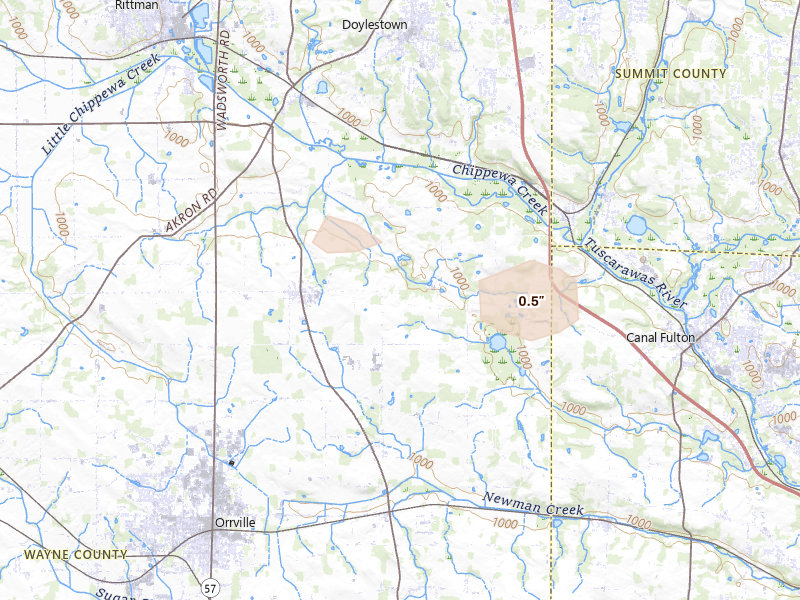 Radar-estimated hail-size map of the storm over Marshallville, OH on Jul 18, 2026
