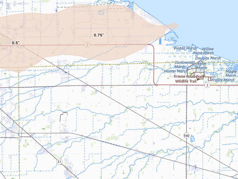 Radar-estimated hail-size map of the storm over Martin, OH on Jul 20, 2026