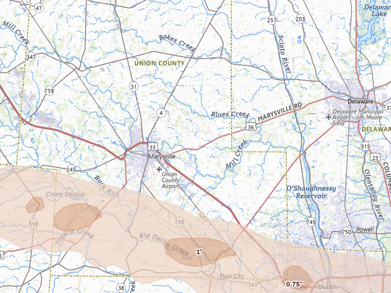 Radar-estimated hail-size map of the storm over Marysville, OH on Mar 22, 2026