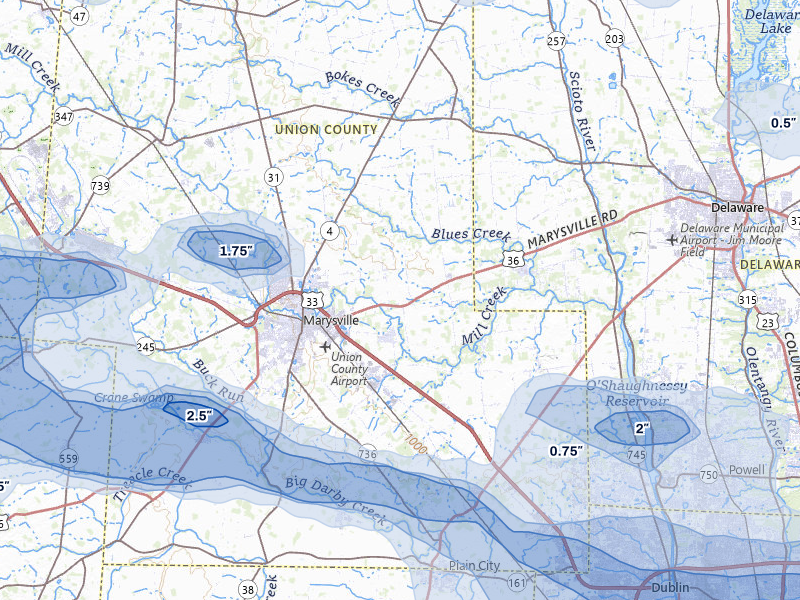 NEXRAD radar-signature map of the hail storm over Marysville, OH on Mar 22, 2026