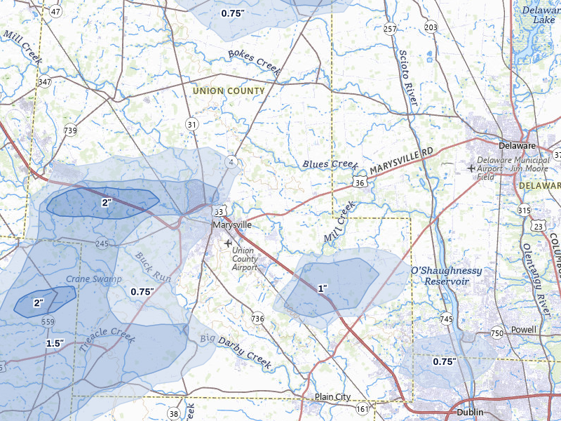 NEXRAD radar-signature map of the hail storm over Marysville, OH on May 16, 2026