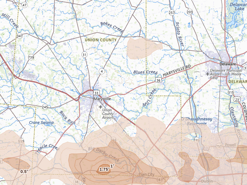 Radar-estimated hail-size map of the storm over Marysville, OH on Jun 6, 2026