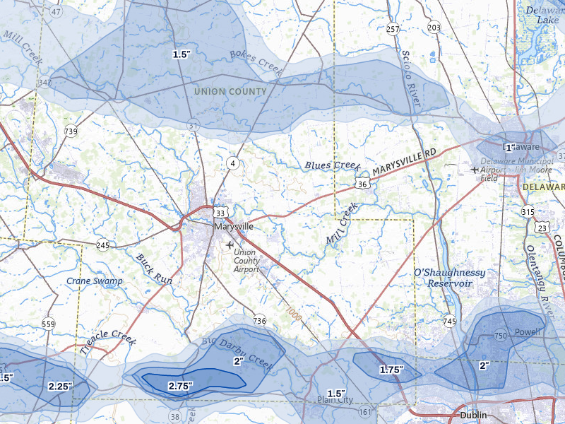 NEXRAD radar-signature map of the hail storm over Marysville, OH on Jun 6, 2026