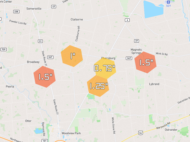 Hail map of Marysville, OH on Jun 6, 2026, hail up to 1.5"