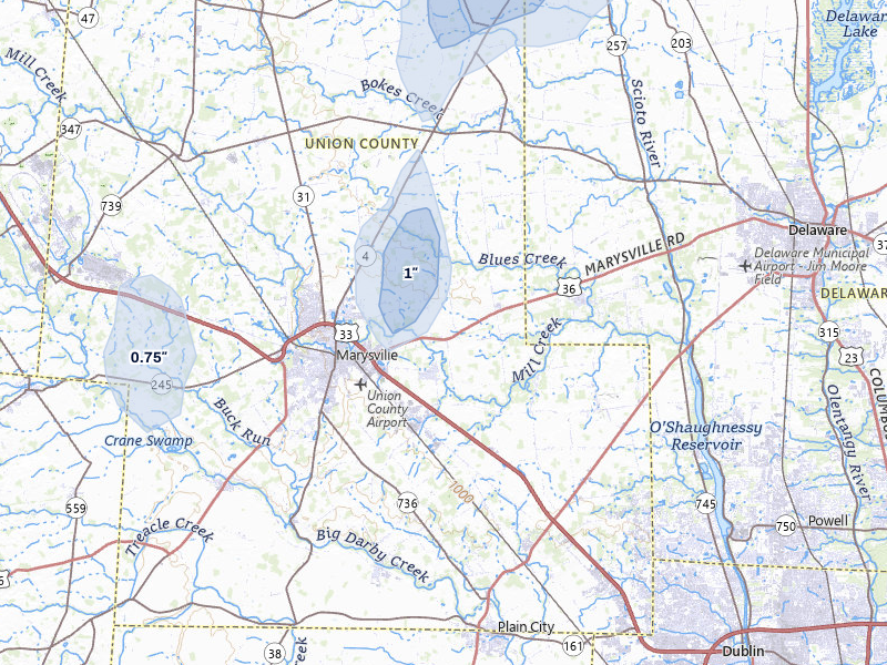 NEXRAD radar-signature map of the hail over Marysville, OH