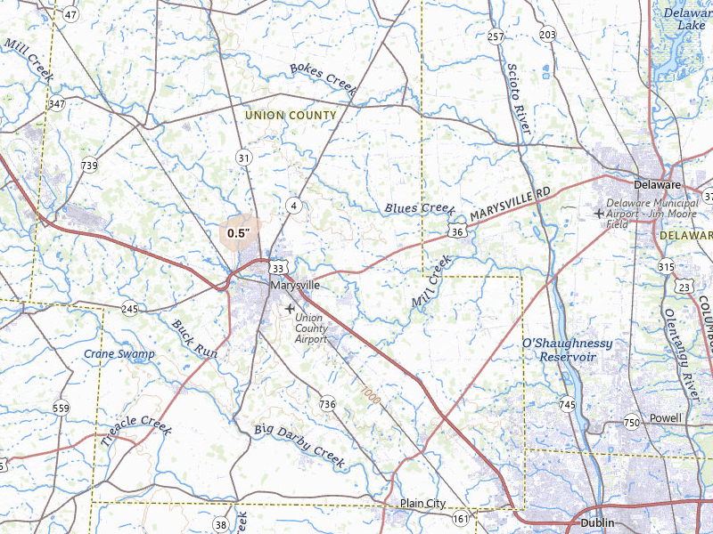 Radar-estimated hail-size map of the storm over Marysville, OH on Jul 17, 2026