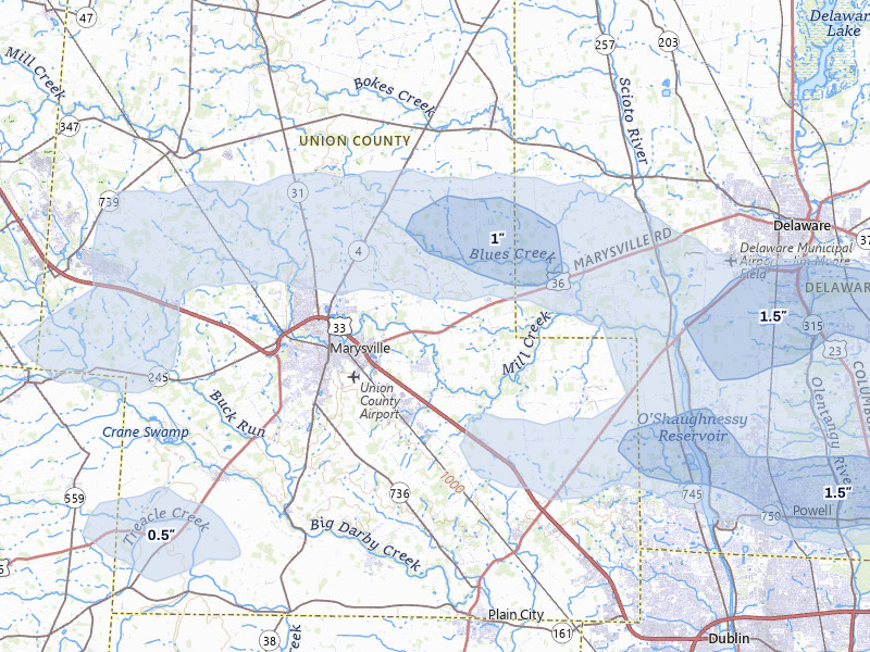 NEXRAD radar-signature map of the hail over Marysville, OH