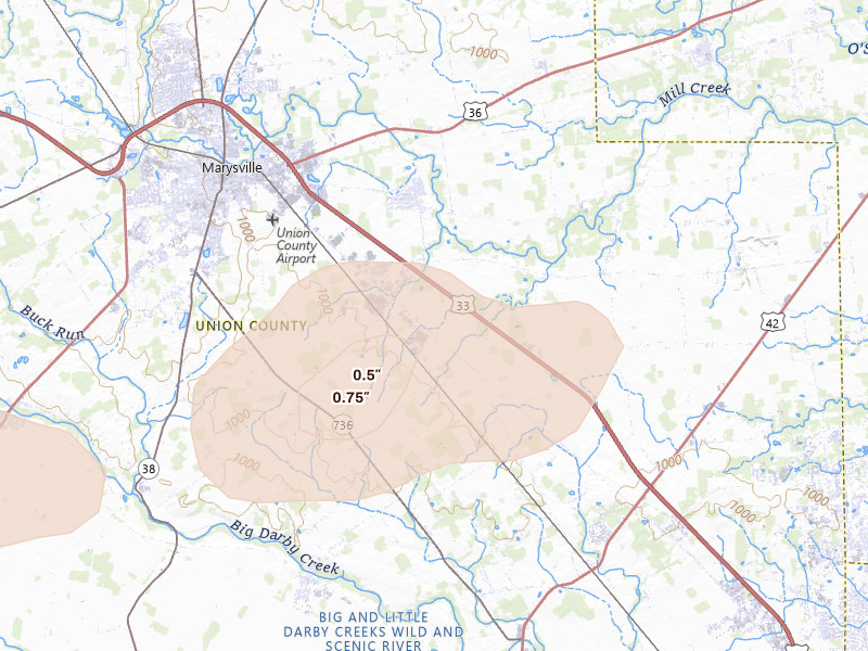 Radar-estimated hail-size map of the storm over Marysville, OH on Aug 9, 2026