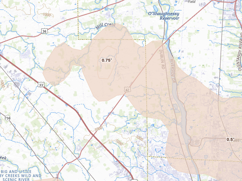 Radar-estimated hail-size map of the storm over Marysville, OH on Aug 10, 2026
