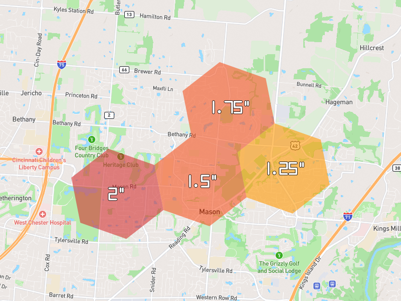 Hail map of Mason, OH on Jul 21, 2026, hail up to 2"