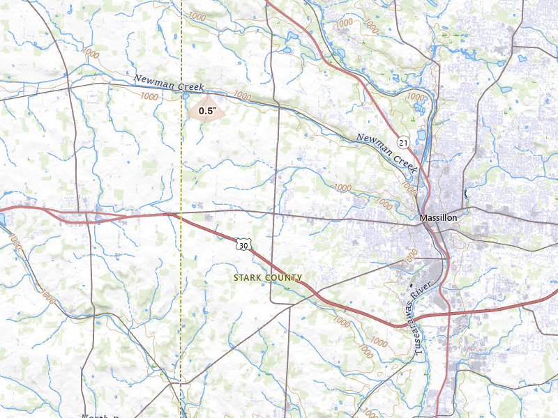 Radar-estimated hail-size map of the storm over Massillon, OH on Jul 27, 2026
