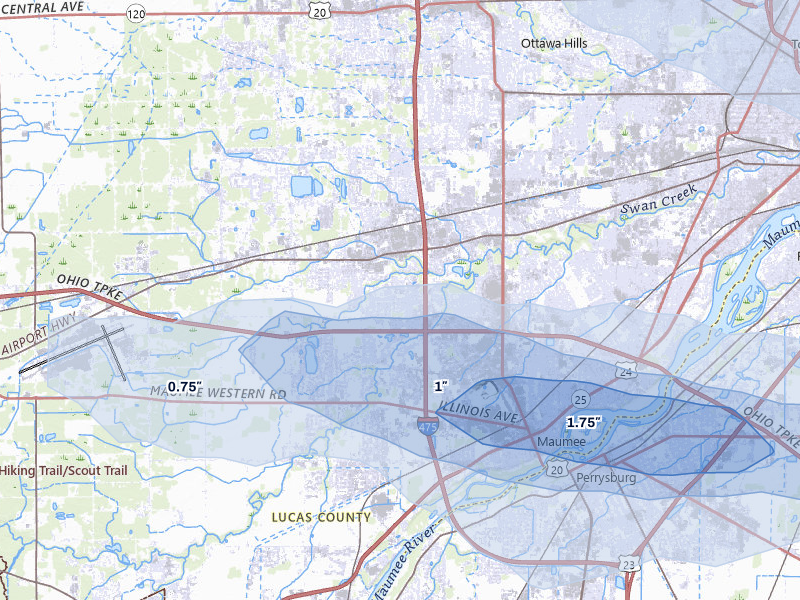 NEXRAD radar-signature map of the hail over Maumee, OH
