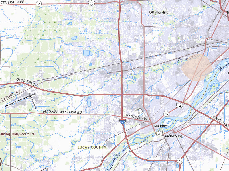 Radar-estimated hail-size map of the storm over Maumee, OH on Jul 20, 2026