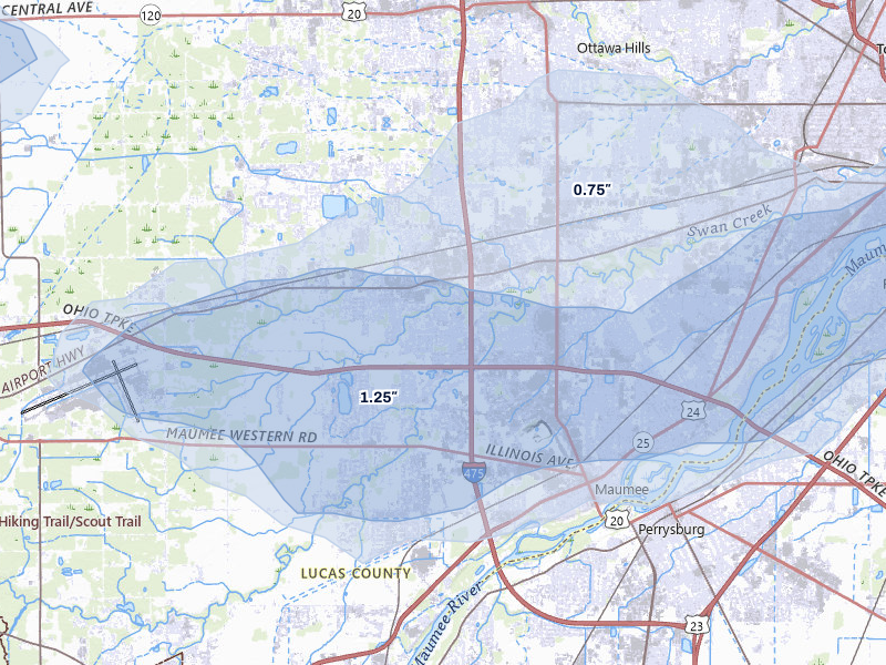 NEXRAD radar-signature map of the hail storm over Maumee, OH on Jul 20, 2026
