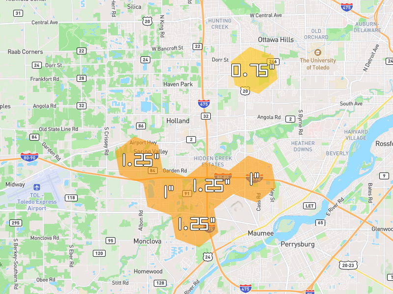 Hail map of Maumee, OH on Jul 21, 2026, hail up to 1.25"