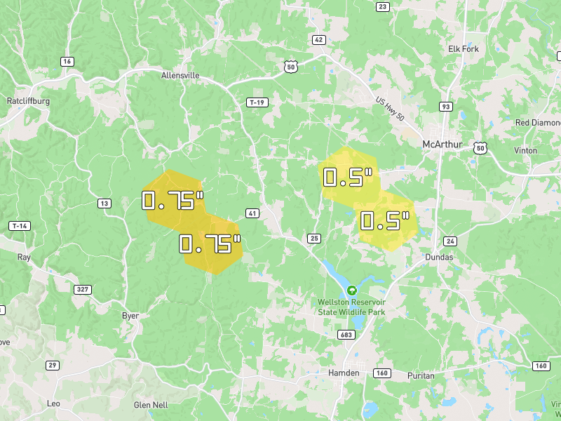 Hail map of Mc Arthur, OH on Jul 21, 2026, hail up to 0.75"