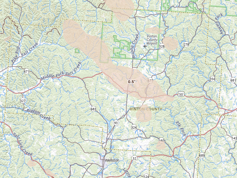 Radar-estimated hail-size map of the storm over Mc Arthur, OH on Aug 11, 2026