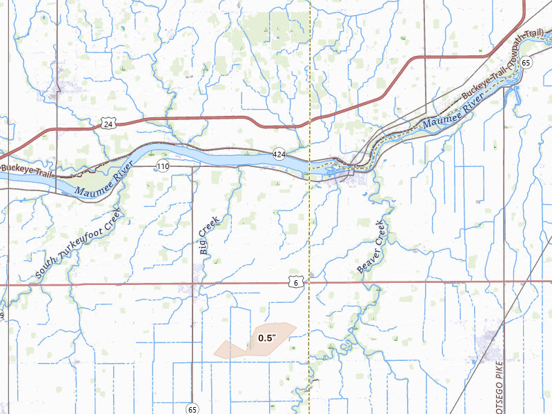 Radar-estimated hail-size map of the storm over Mc Clure, OH on Jul 3, 2026