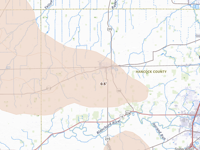 Radar-estimated hail-size map of the storm over Mc Comb, OH on Mar 26, 2026