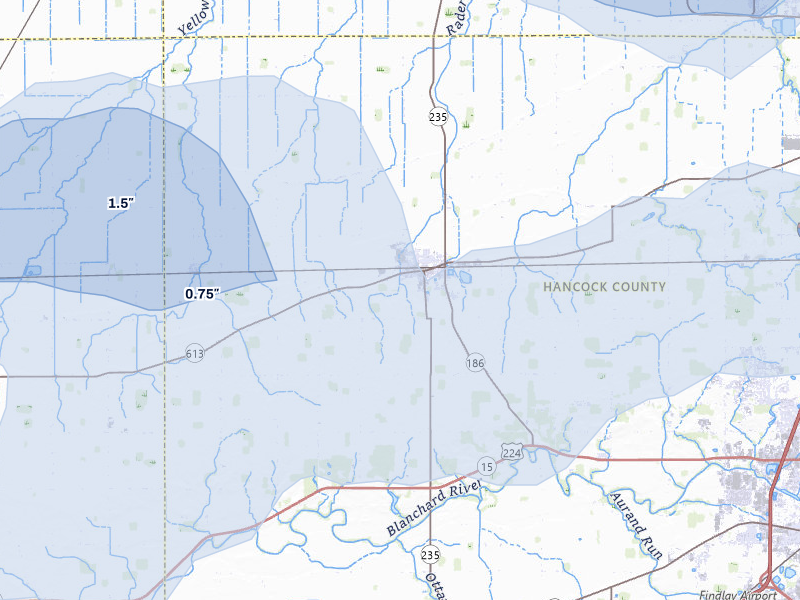 NEXRAD radar-signature map of the hail storm over Mc Comb, OH on Jul 3, 2026
