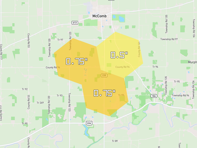 Hail map of Mc Comb, OH on Jul 3, 2026, hail up to 0.75"