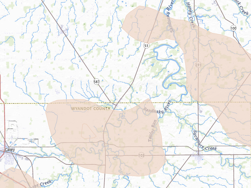 Radar-estimated hail-size map of the storm over Mc Cutchenville, OH on Aug 10, 2026