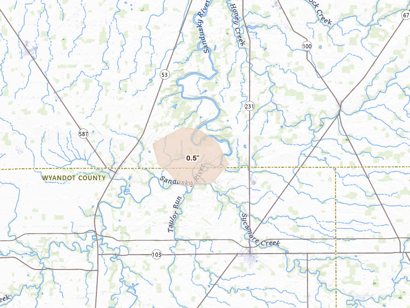 Radar-estimated hail-size map of the storm over Mc Cutchenville, OH on Sep 3, 2026