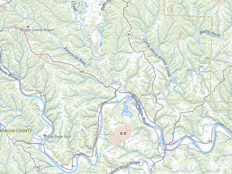 Radar-estimated hail-size map of the storm over Mcconnelsville, OH on May 19, 2026