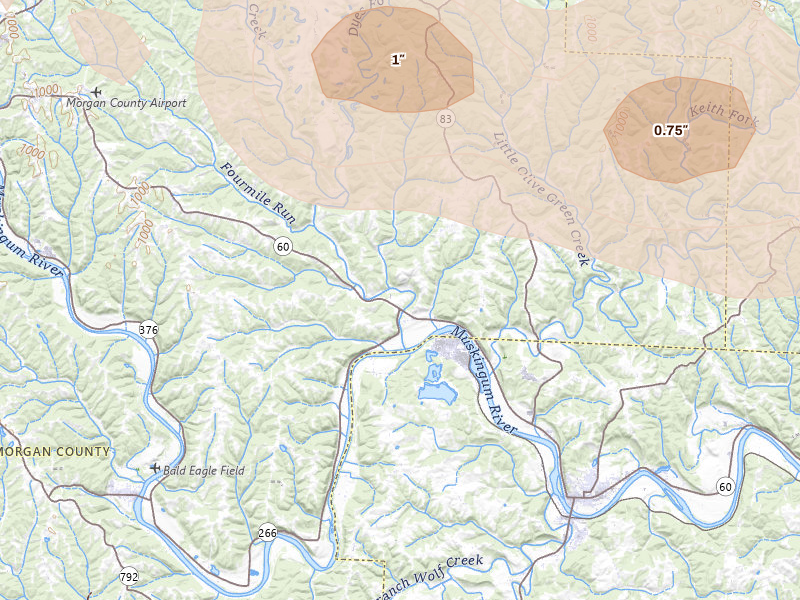 Radar-estimated hail-size map of the storm over Mcconnelsville, OH on Jul 21, 2026