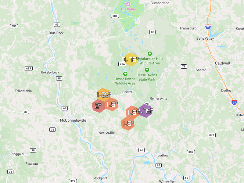 Hail map of McConnelsville, OH on Jul 21, 2026, hail up to 2.75"