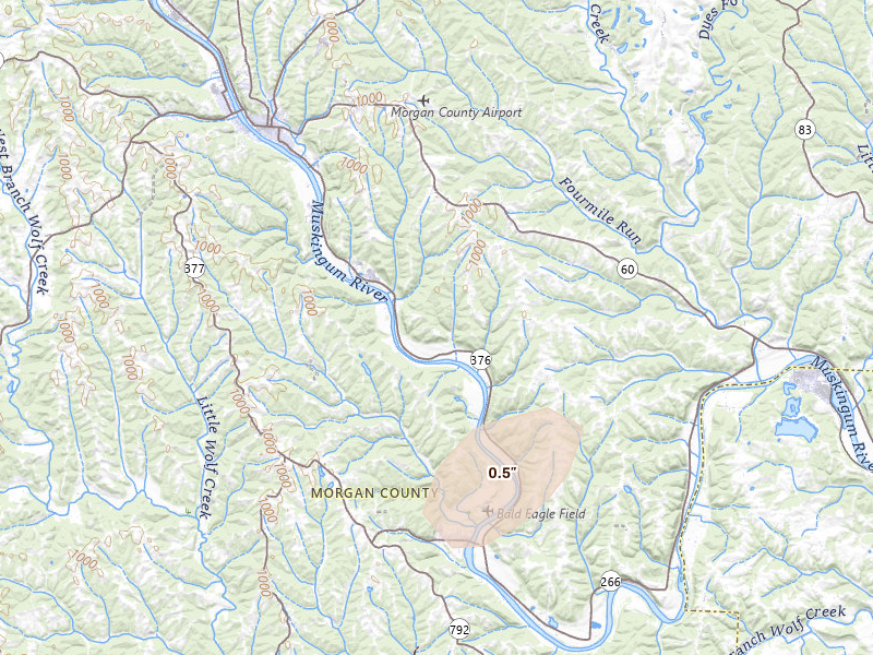 Radar-estimated hail-size map of the storm over Mcconnelsville, OH on Aug 7, 2026