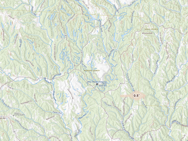 Radar-estimated hail-size map of the storm over Mcconnelsville, OH on Aug 11, 2026