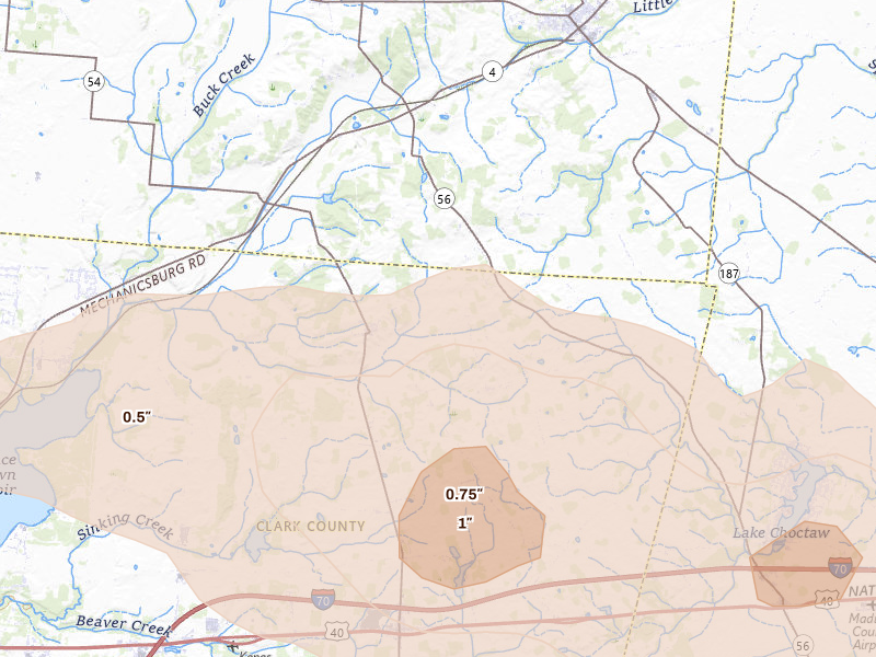 Radar-estimated hail-size map of the storm over Mechanicsburg, OH on Mar 22, 2026