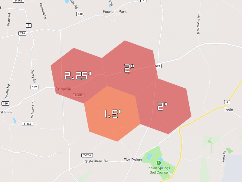 Hail map of Mechanicsburg, OH on Jun 6, 2026, hail up to 2.25"