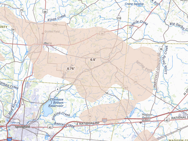 Radar-estimated hail-size map of the storm over Mechanicsburg, OH on Aug 11, 2026