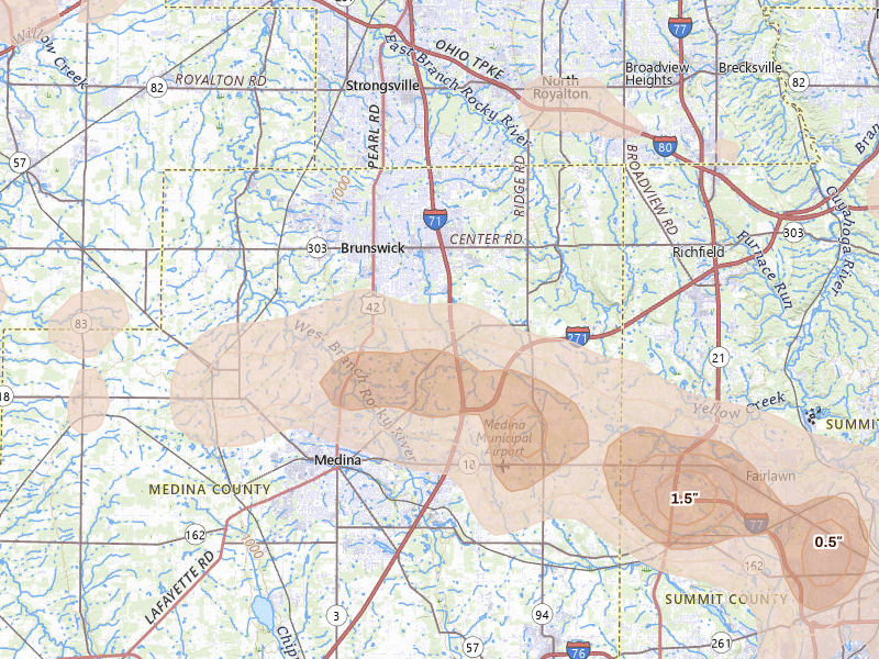 Radar-estimated hail-size map of the storm over Medina, OH on Aug 10, 2026