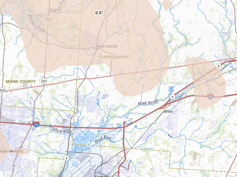 Radar-estimated hail-size map of the storm over Medway, OH on Aug 11, 2026