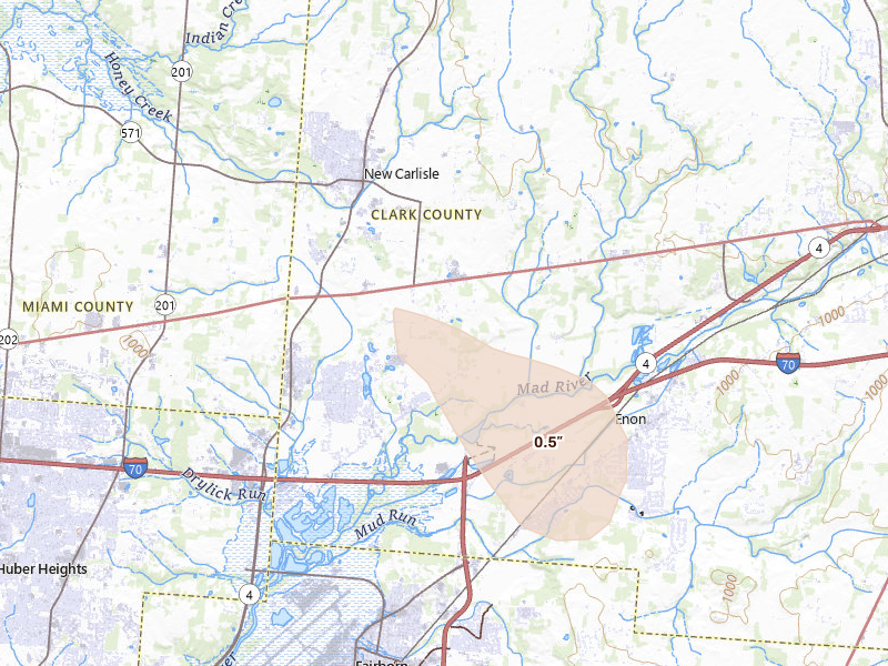 Radar-estimated hail-size map of the storm over Medway, OH on Aug 21, 2026