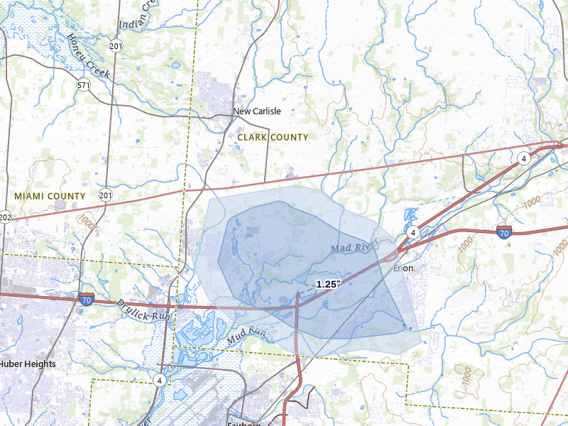 NEXRAD radar-signature map of the hail storm over Medway, OH on Aug 21, 2026