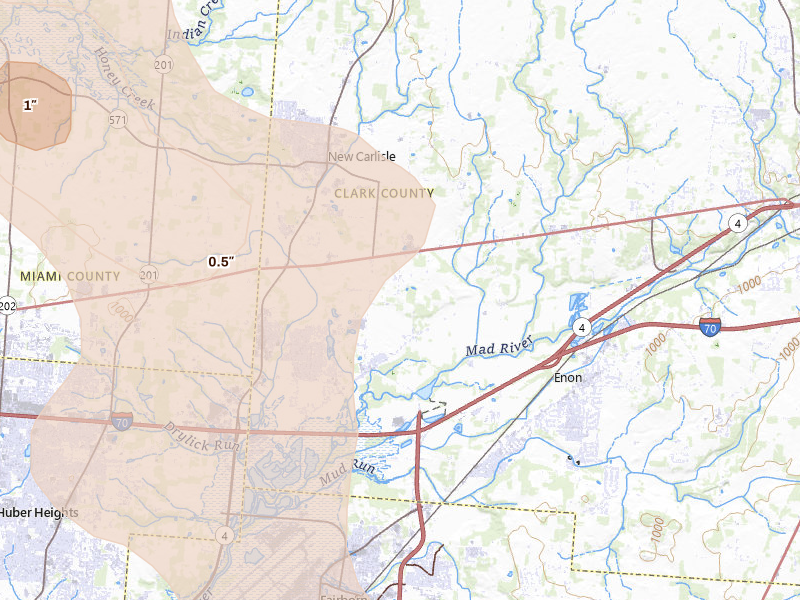 Radar-estimated hail-size map of the storm over Medway, OH on Sep 4, 2026