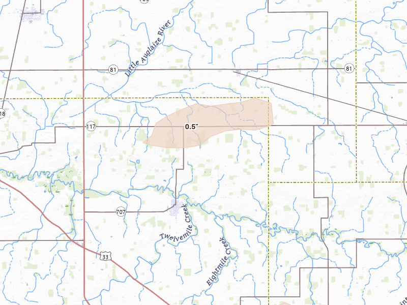 Radar-estimated hail-size map of the storm over Mendon, OH on Apr 14, 2026