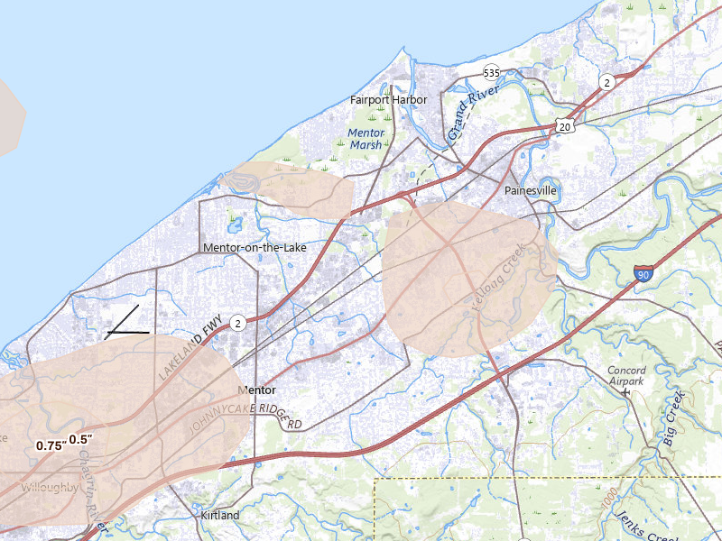 Radar-estimated hail-size map of the storm over Mentor, OH on Jun 10, 2026