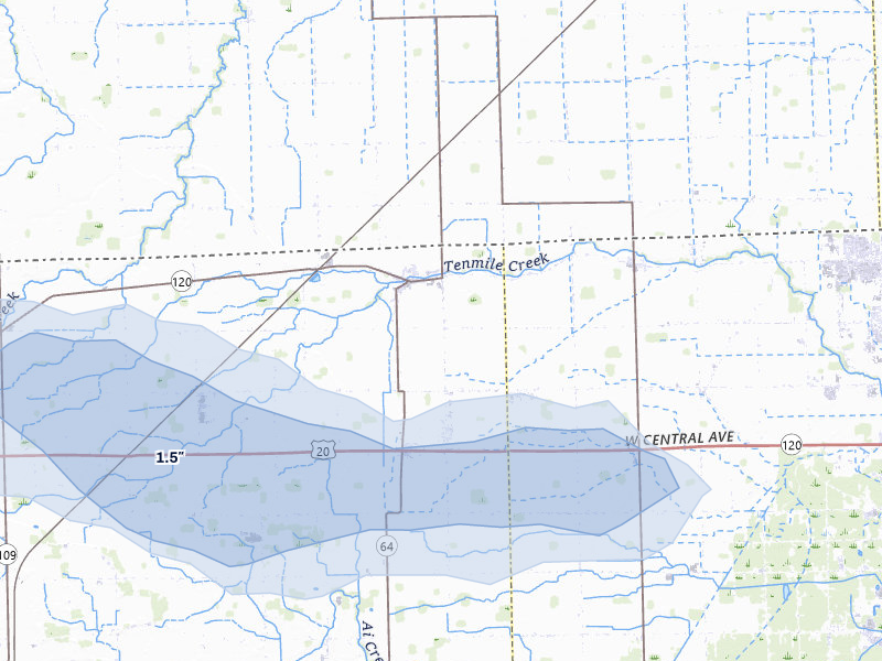 NEXRAD radar-signature map of the hail storm over Metamora, OH on Jul 20, 2026