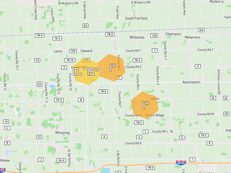 Hail map of Metamora, OH on Jul 21, 2026, hail up to 1"