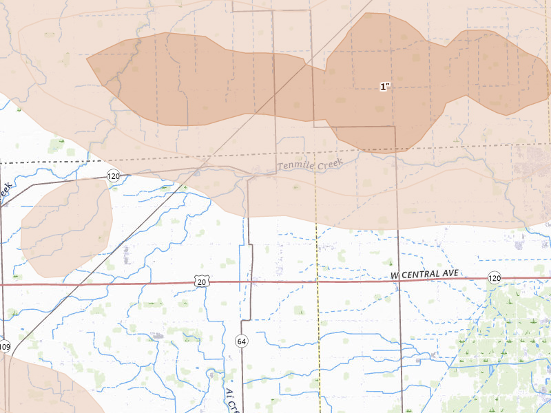 Radar-estimated hail-size map of the storm over Metamora, OH on Aug 10, 2026