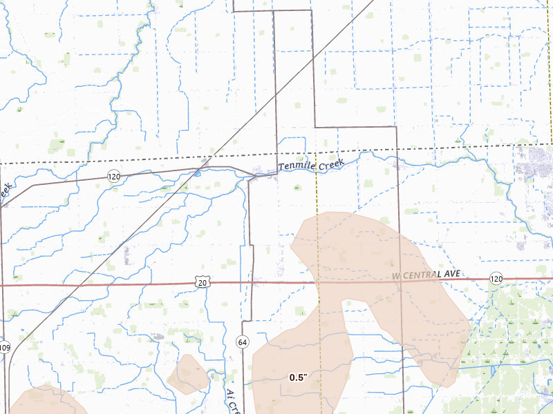 Radar-estimated hail-size map of the storm over Metamora, OH on Sep 3, 2026