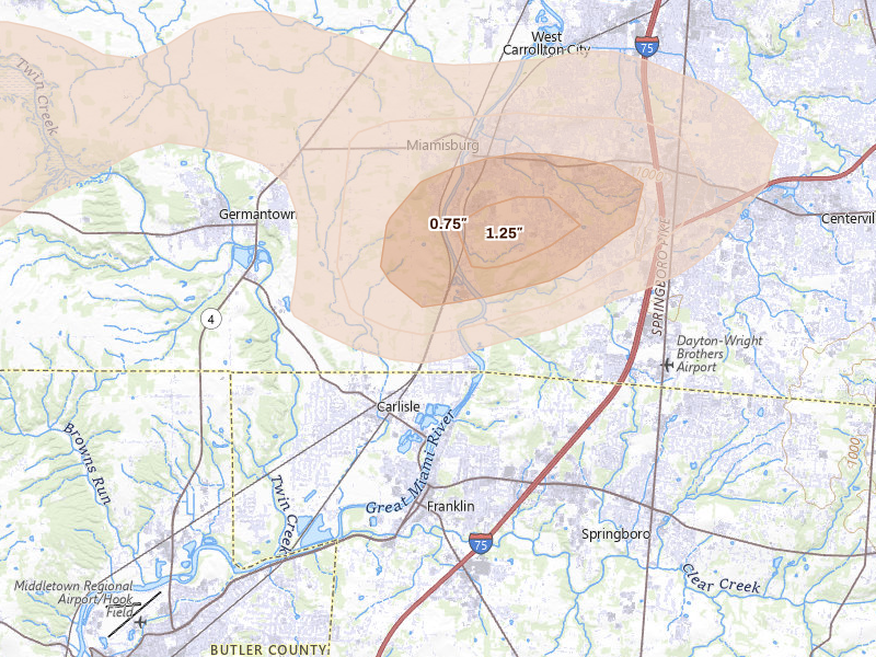 Radar-estimated hail-size map of the storm over Miamisburg, OH on Aug 7, 2026