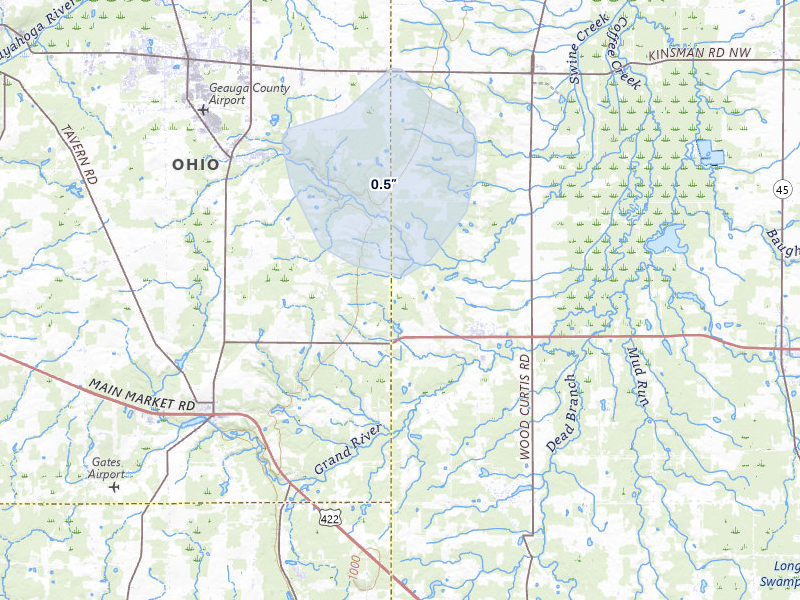 NEXRAD radar-signature map of the hail storm over Middlefield, OH on Mar 31, 2026