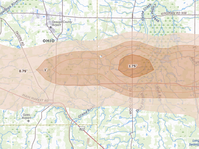 Radar-estimated hail-size map of the storm over Middlefield, OH on Apr 15, 2026