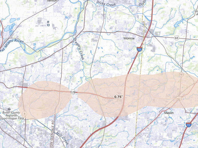 Radar-estimated hail-size map of the storm over Middletown, OH on Jul 21, 2026
